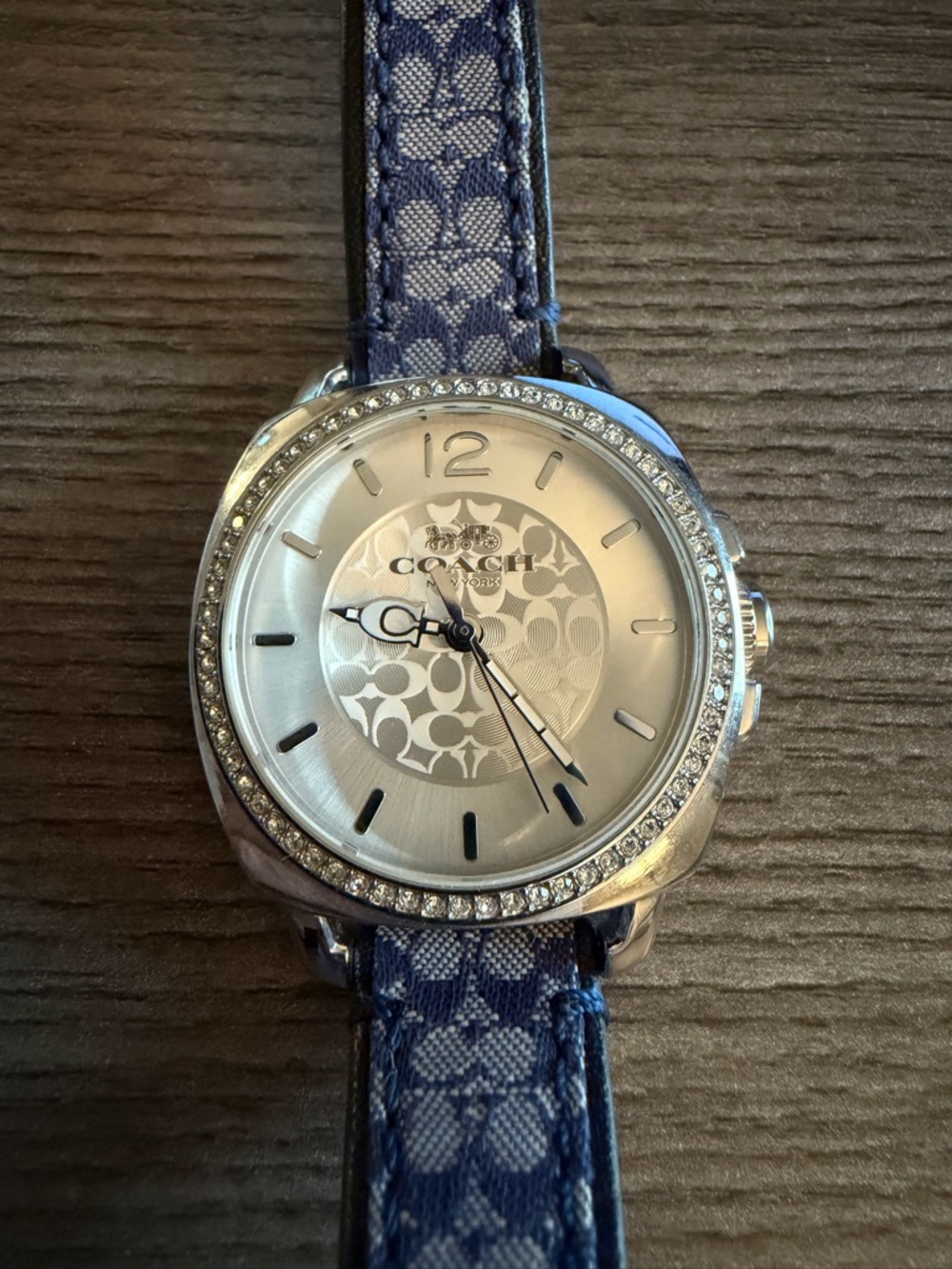 Coach Silver Dial Watch with Blue Signature Canvas Strap